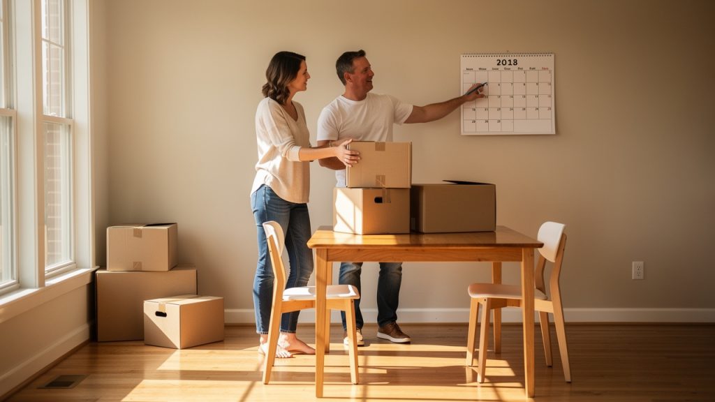 Un homme et une femme organisent des cartons et un calendrier vierge près de la table d’une cuisine dans une maison vide.