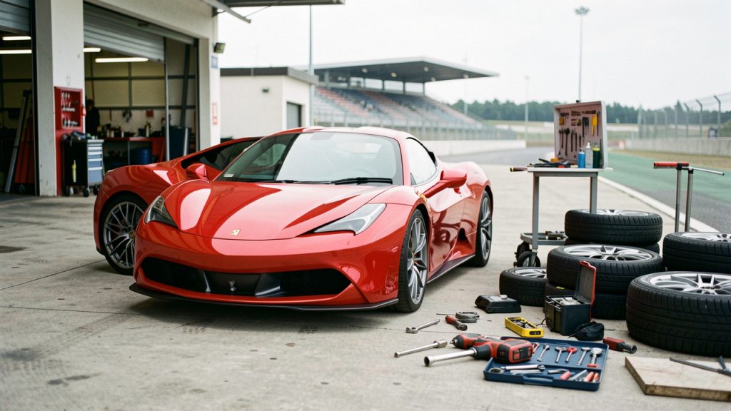 Voiture sportive rouge inspectée dans un paddock réaliste, entourée de pneus et d’outils sur le sol.