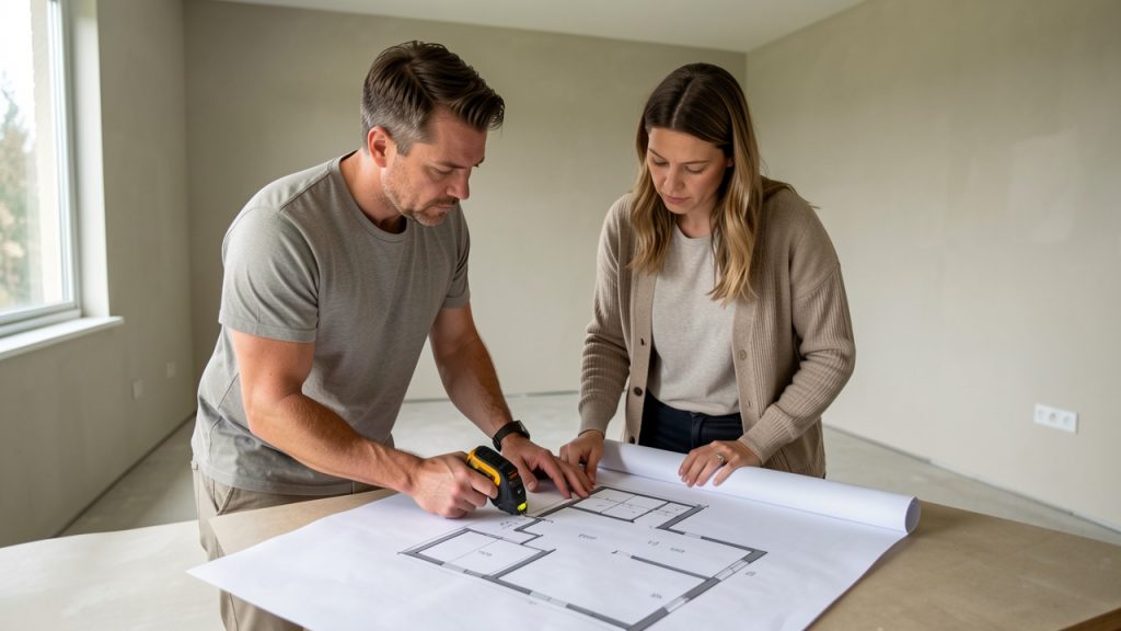 Un homme et une femme examinent un plan architectural vierge et un mètre laser dans une maison vide récemment rénovée.