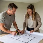 Un homme et une femme examinent un plan architectural vierge et un mètre laser dans une maison vide récemment rénovée.