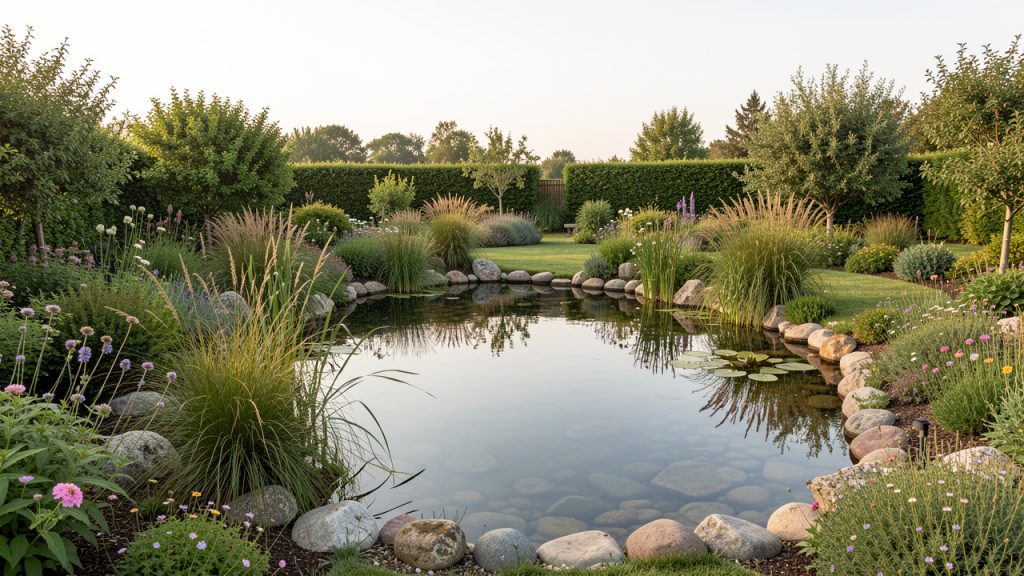 Étang naturel aux berges en pente douce dans un jardin familial, entouré de plantes indigènes et éclairé par une douce lumière matinale.