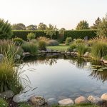 Étang naturel aux berges en pente douce dans un jardin familial, entouré de plantes indigènes et éclairé par une douce lumière matinale.