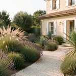 Jardin sec d’inspiration californienne aménagé près d’une maison française, avec graviers clairs, lavandes, stipas, yuccas rustiques et lumière chaude de fin d’après-midi.