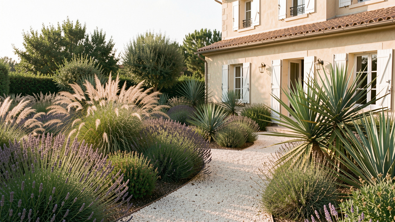 Jardin sec d’inspiration californienne aménagé près d’une maison française, avec graviers clairs, lavandes, stipas, yuccas rustiques et lumière chaude de fin d’après-midi.