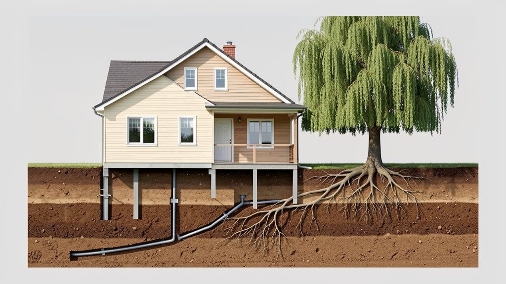 Illustration réaliste et pédagogique d’une maison individuelle en coupe, montrant ses fondations apparentes et les racines étendues d’un grand saule pleureur dans un sol argileux.