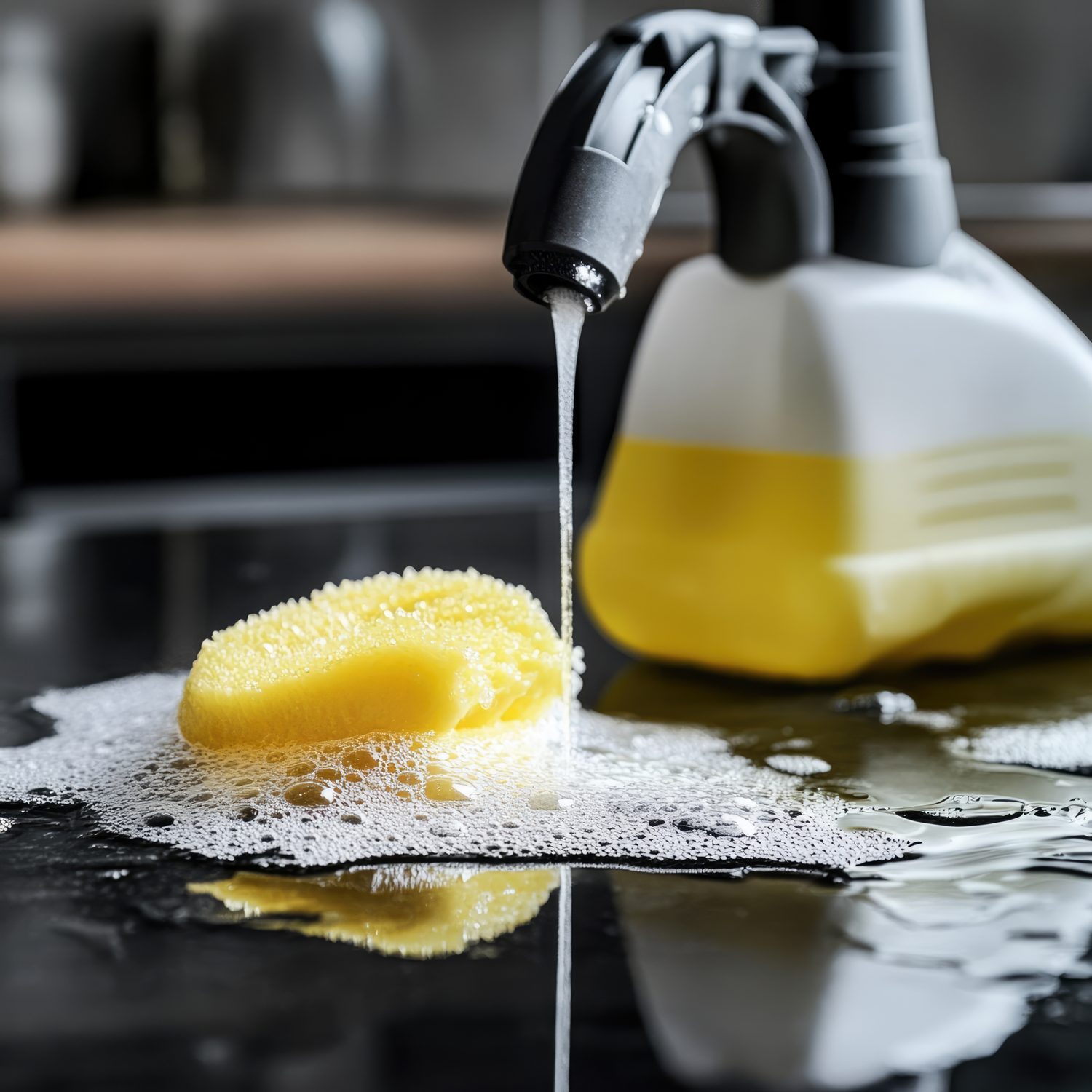 Flacon de dégraissant cuisine posé sur un plan de travail près d’une éponge et d’un chiffon.