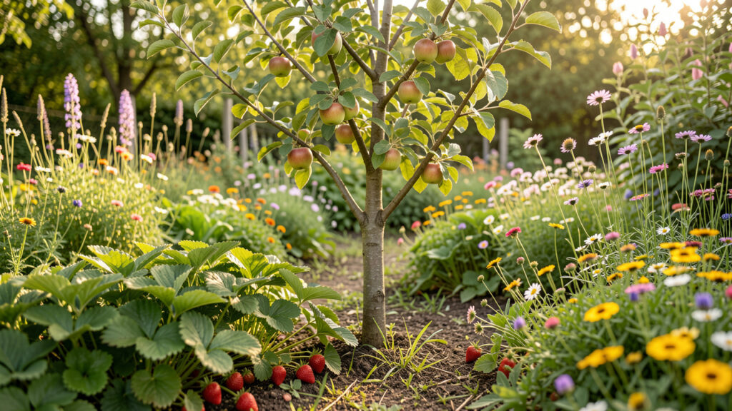 Jeune pommier entouré de fraisiers, de consoude et de fleurs mellifères dans un jardin-forêt comestible familial en France, baigné d’une lumière douce.