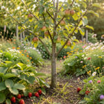 Jeune pommier entouré de fraisiers, de consoude et de fleurs mellifères dans un jardin-forêt comestible familial en France, baigné d’une lumière douce.