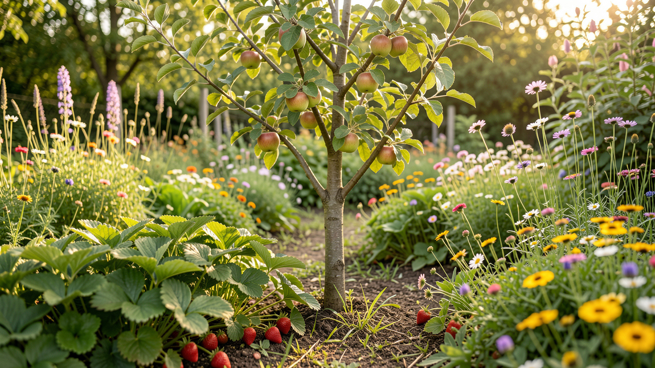 Jeune pommier entouré de fraisiers, de consoude et de fleurs mellifères dans un jardin-forêt comestible familial en France, baigné d’une lumière douce.