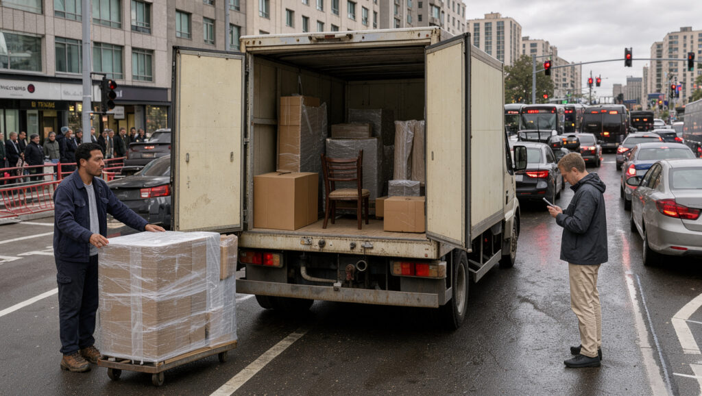 Un livreur devant un camion de meubles arrêté dans une rue en ville, tandis qu’un client consulte son téléphone dans une ambiance réaliste de perturbations des transports.