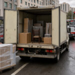 Un livreur devant un camion de meubles arrêté dans une rue en ville, tandis qu’un client consulte son téléphone dans une ambiance réaliste de perturbations des transports.