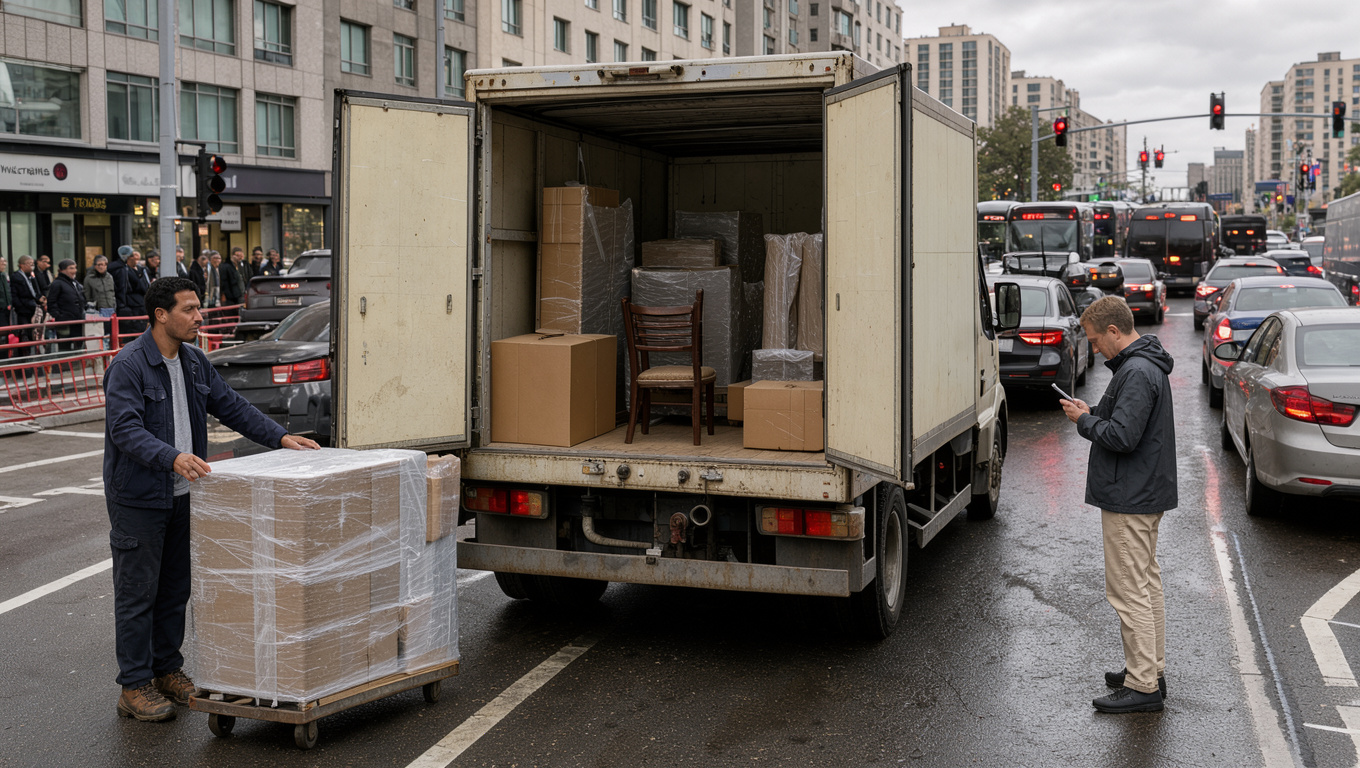 Un livreur devant un camion de meubles arrêté dans une rue en ville, tandis qu’un client consulte son téléphone dans une ambiance réaliste de perturbations des transports.