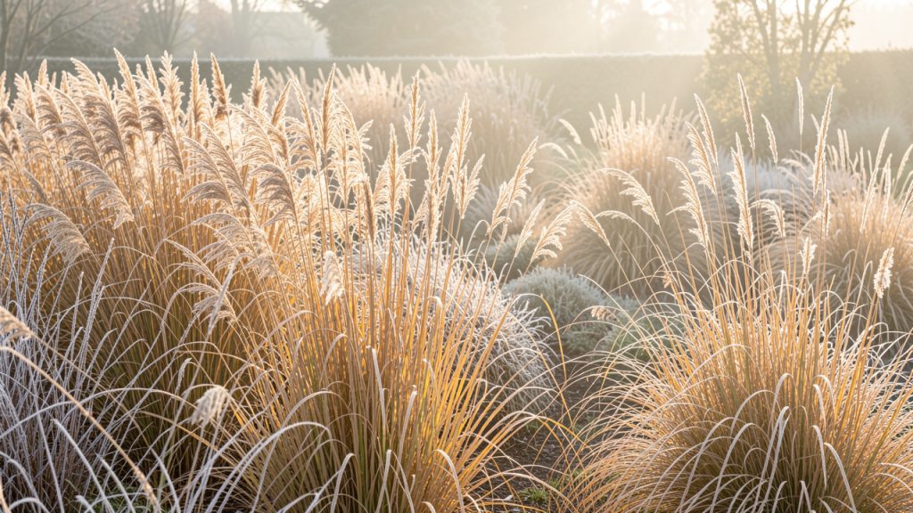 Massif de miscanthus et de panic érigé aux chaumes dorés couverts de givre dans un jardin français naturel, éclairé par une douce lumière matinale.