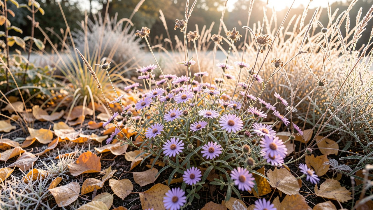 Massif d’automne naturel composé d’asters violets et de gauras aux tiges sèches, avec un feuillage doré au sol après une légère gelée matinale.